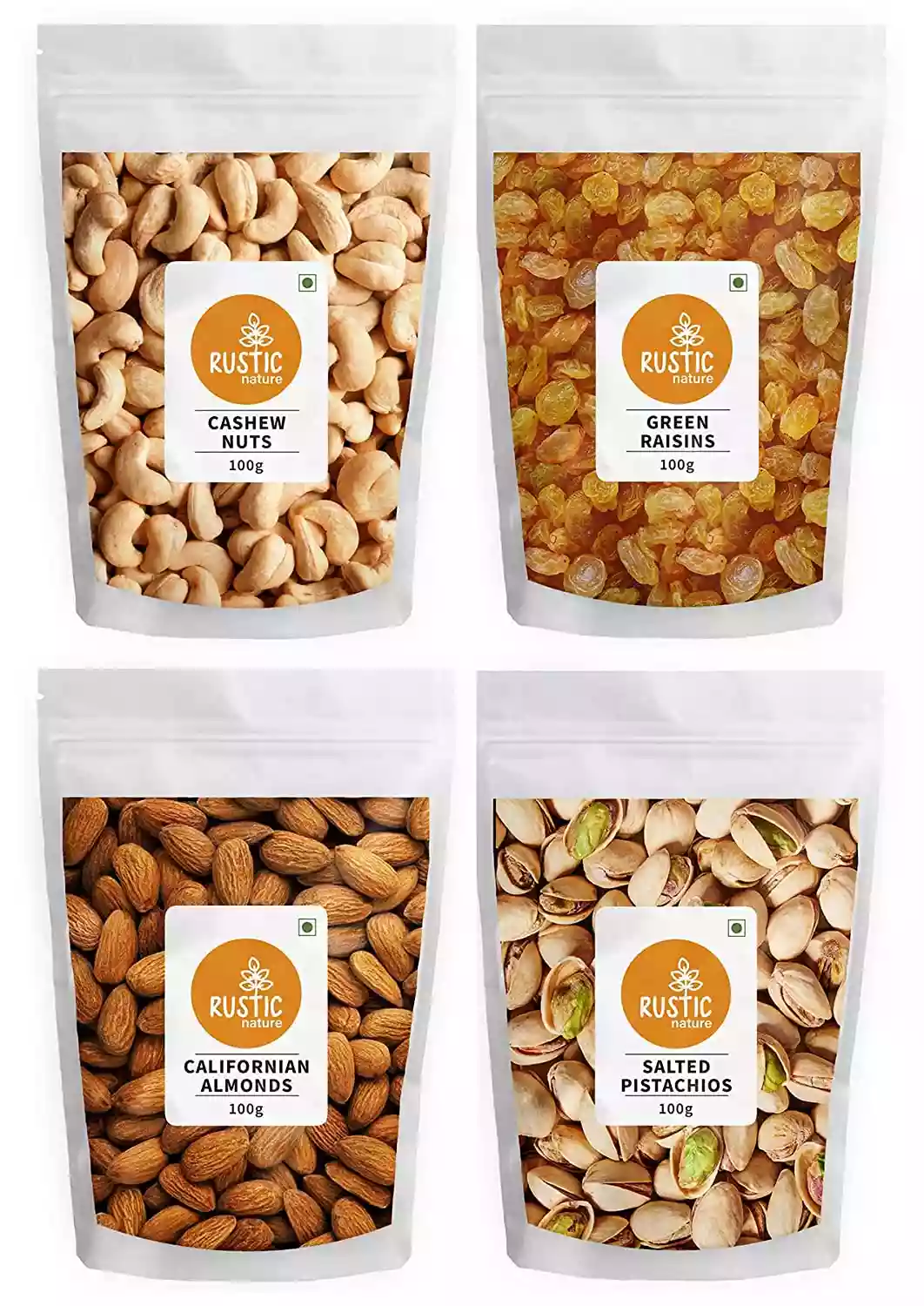 Rustic Nature Dry Fruits Almond, Cashew, Raisin, Pistachio Mixed Combo Pack of All Premium 100g*4 - (400g)